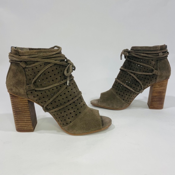 Very Volatile Booties Taupe Suede Open Toe Chunky Heel Boots Size 8 - Picture 3 of 11